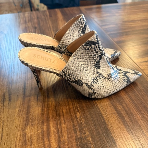 Schutz Bardot Snakeskin-Embossed Leather Mules - Picture 8 of 9